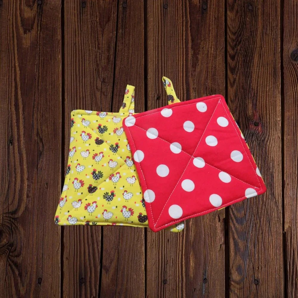 Handmade Potholder, Set of 2, Reversible Chickens and Polka Dot Quilted Hot Pads